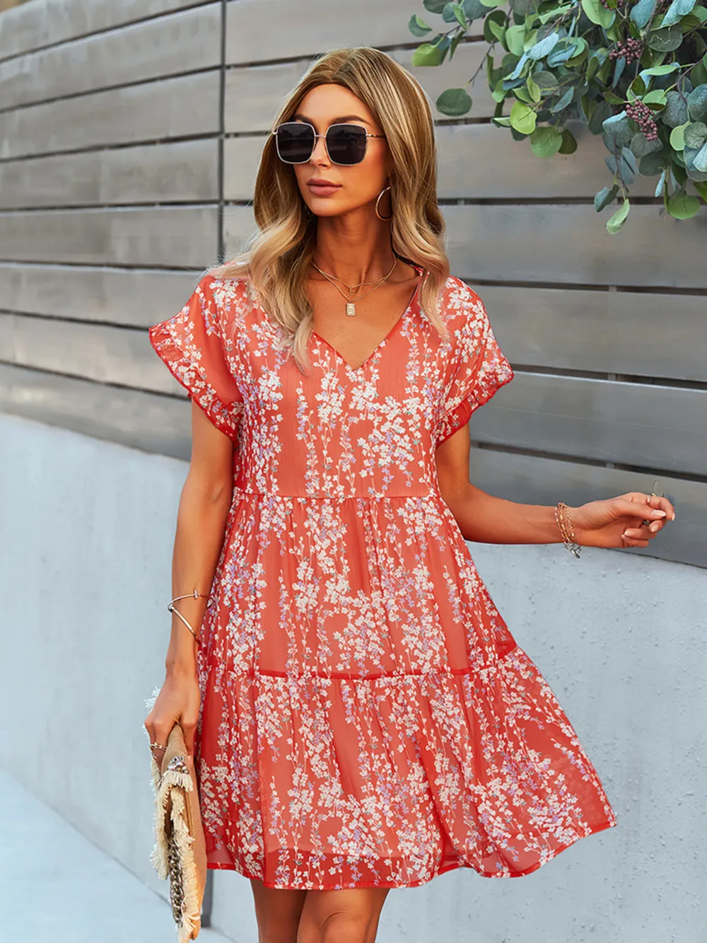 Floral Print V-Neck Ruffle Tiered Summer Mini Dress, image 5