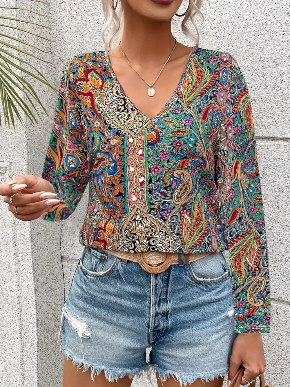 Paisley Print V-Neck Long Sleeve Blouse, image 4