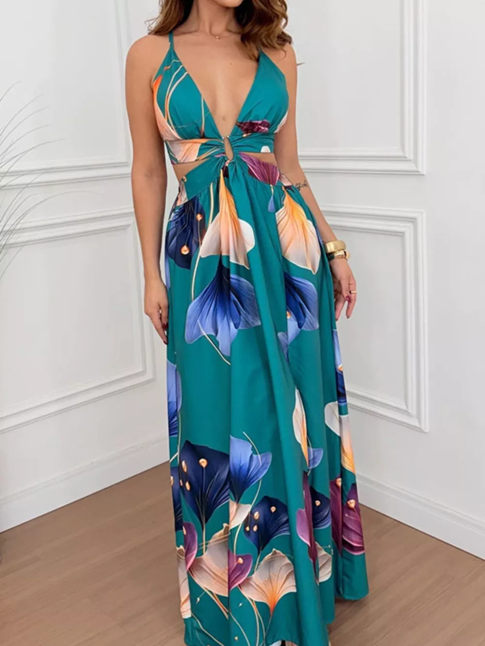 Tropical Print Plunge Cutout Slit Maxi Dress, image 8