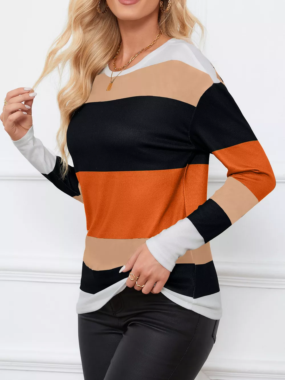 Leopard Color Block Striped Knit Top, image 6