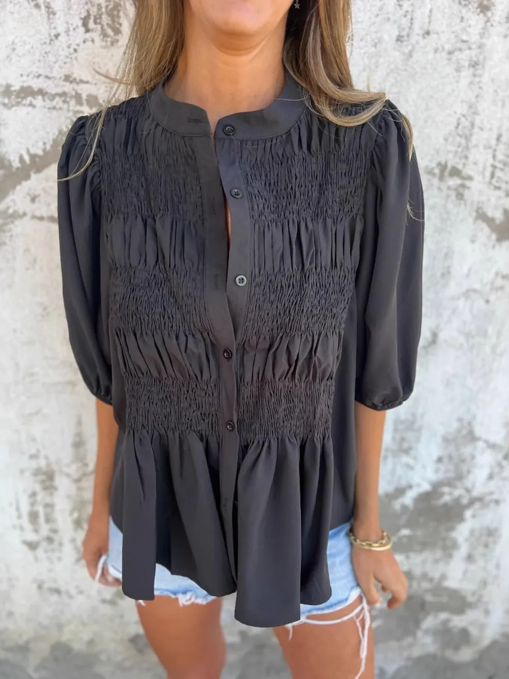 Full Size Smocked Button Front Puff Sleeve Shirt Plus Size, image 11