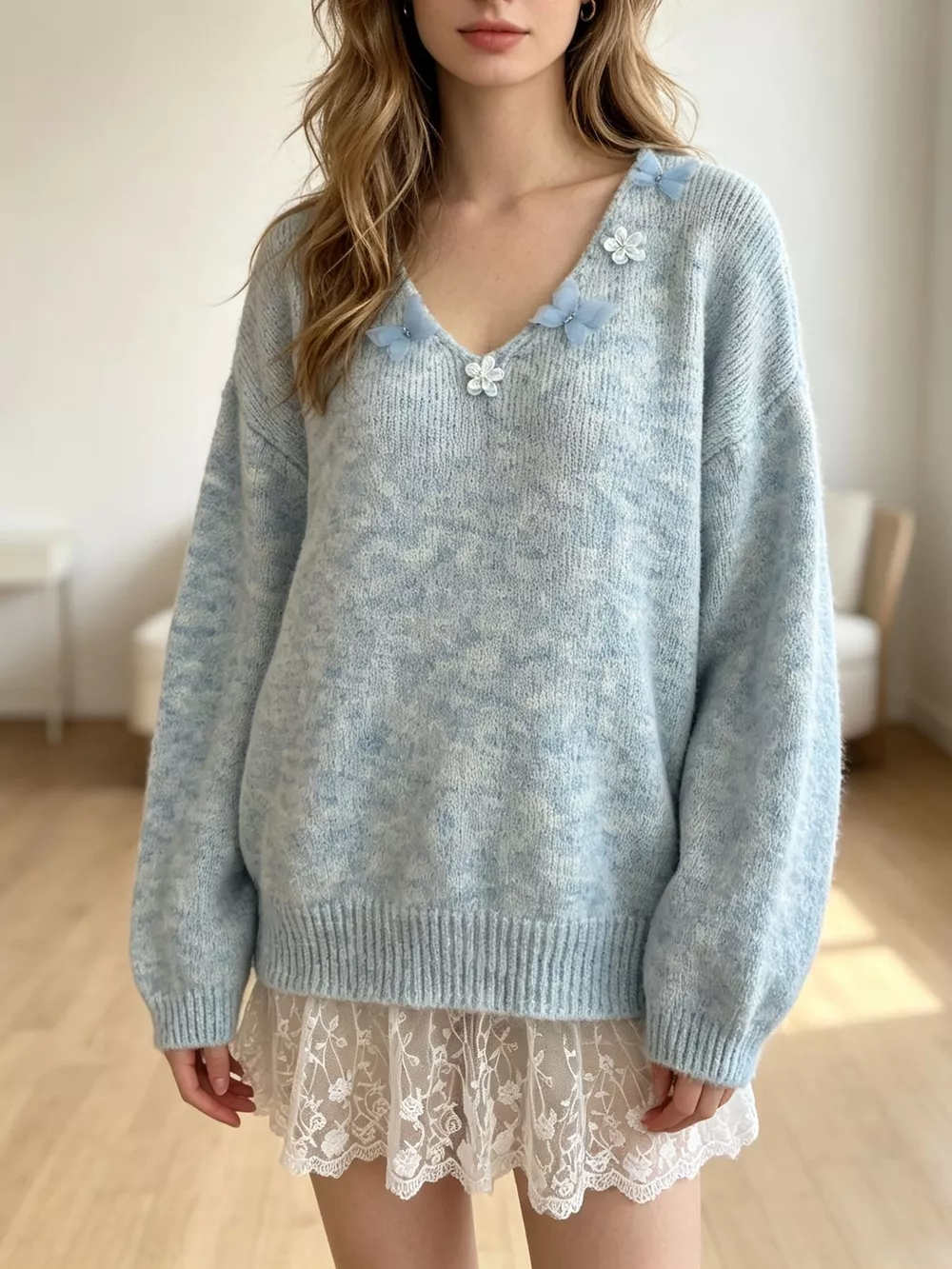 V-Neck Floral Applique Lace Hem Sweater, image 3
