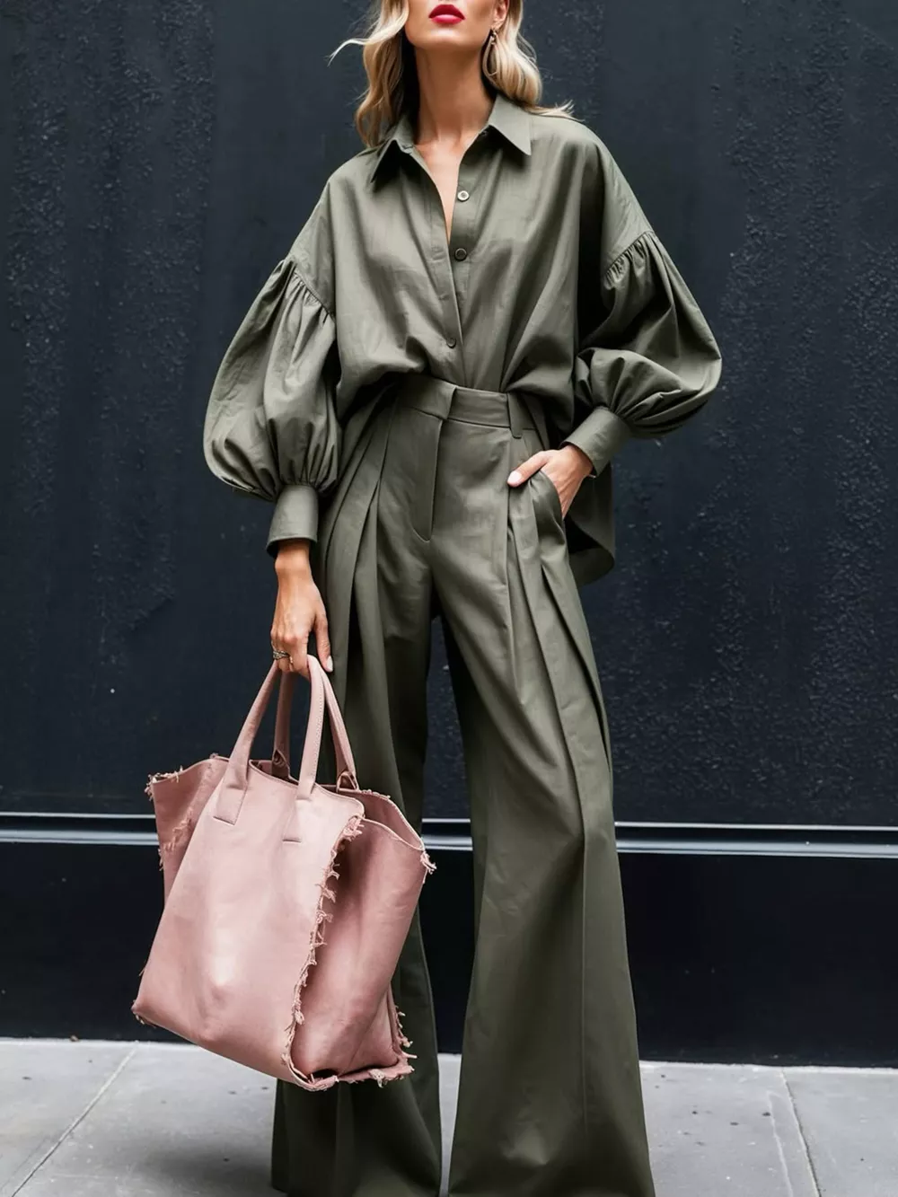 Lantern Sleeve Shirt and Wide Leg Pants Set, image 2
