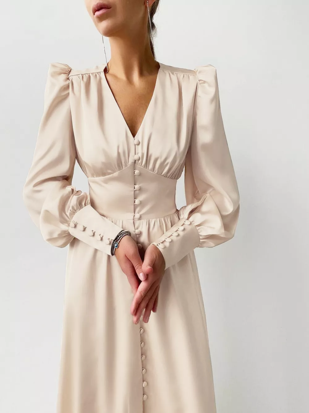 Elegant V-Neck Puff Sleeve Button-Down Midi Dress, image 5