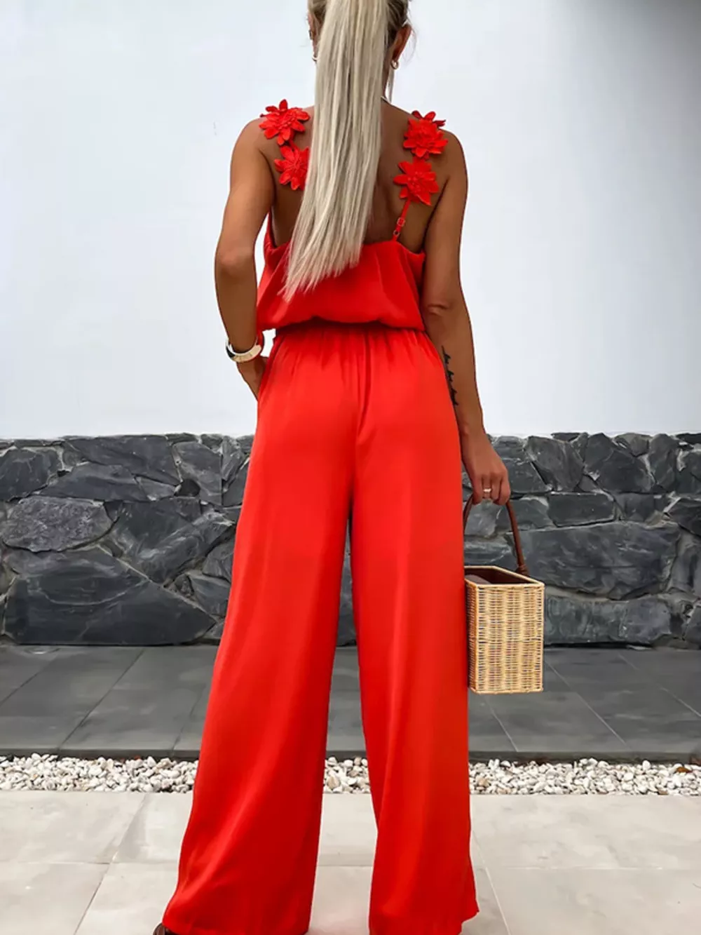 Floral Applique V-Neck Wide Leg Jumpsuit, image 4
