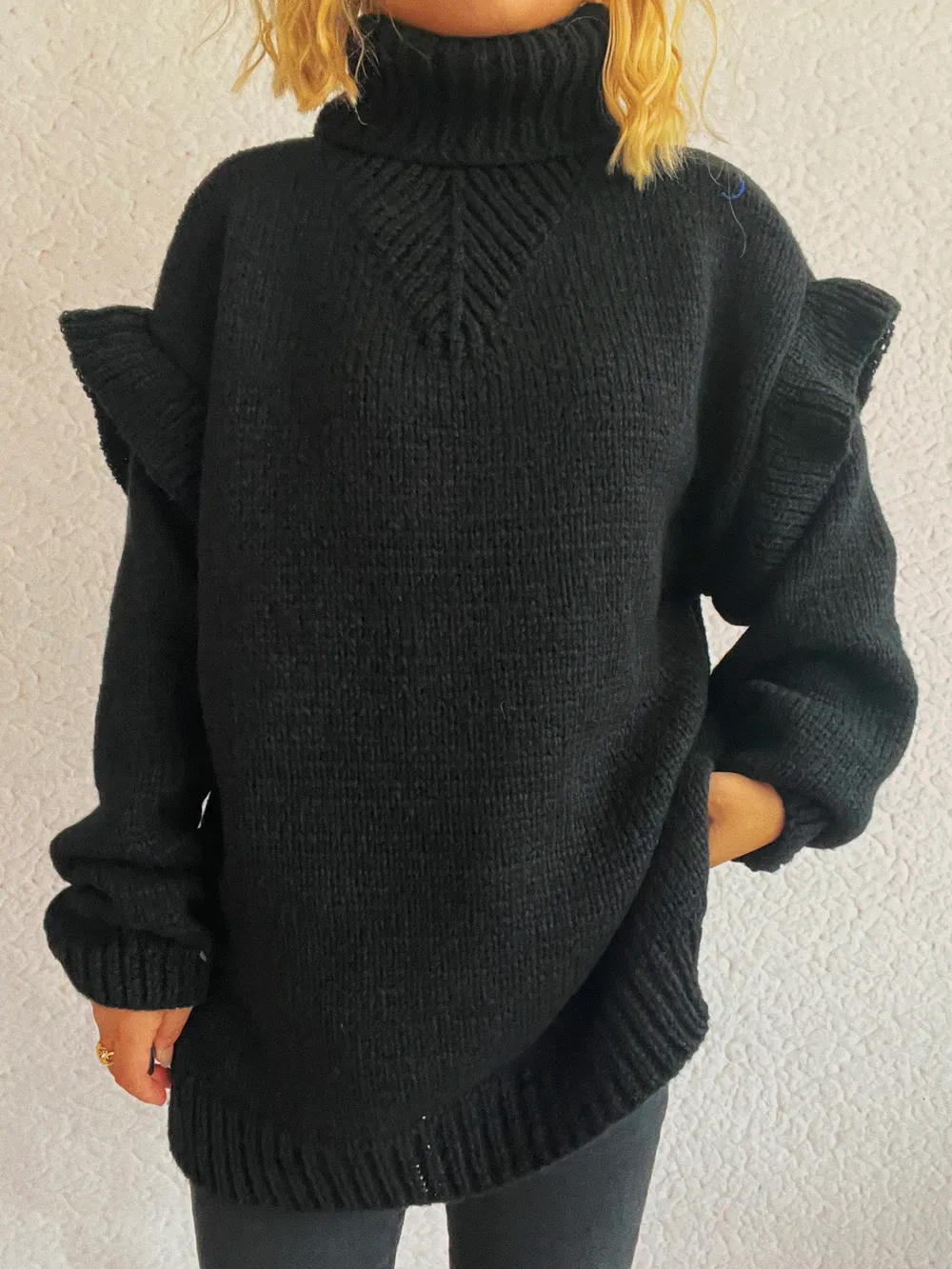 Ruffled Turtleneck Long Sleeve Sweater
