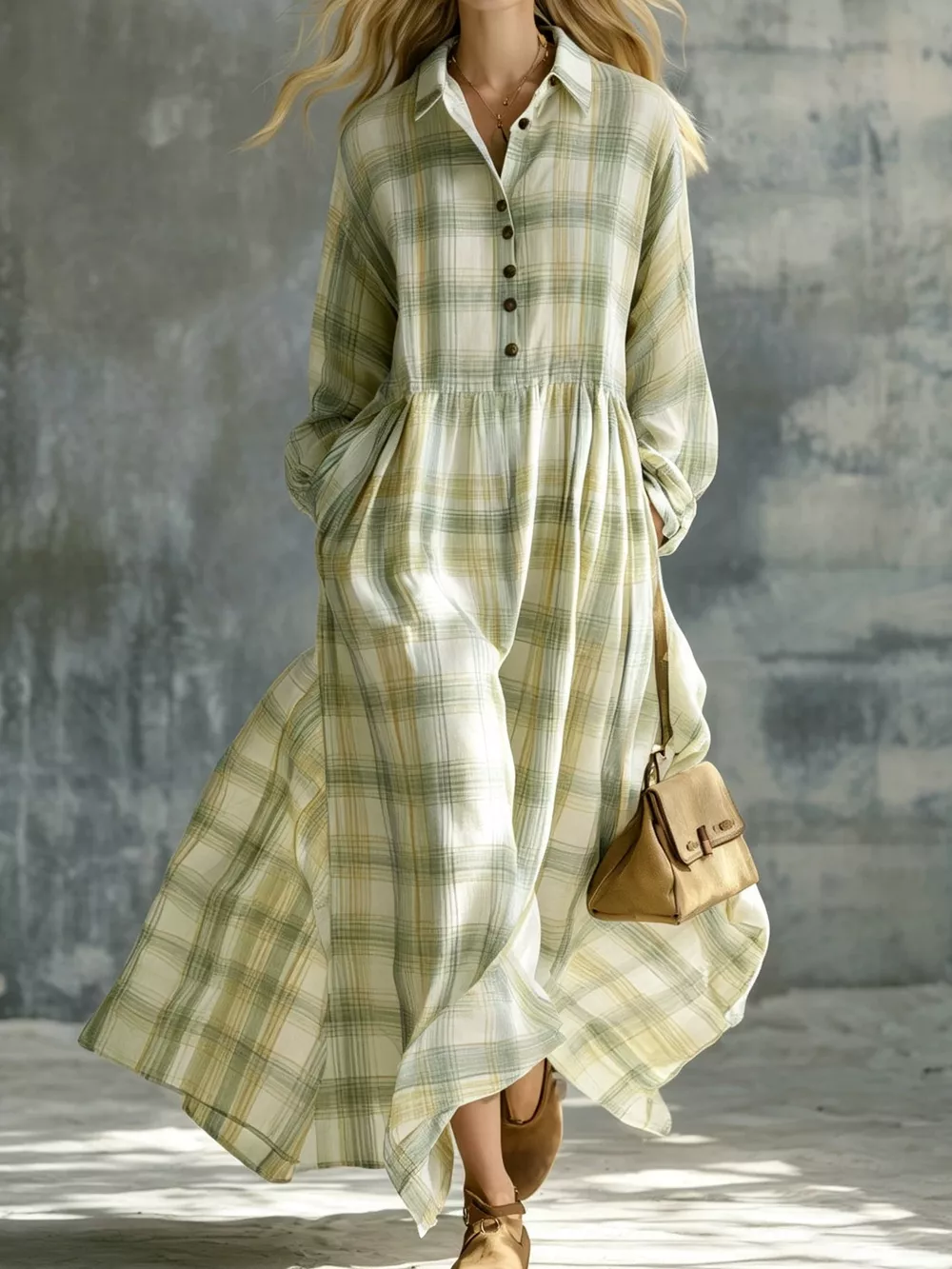 Plaid Button-Down Maxi Shirt Dress, image 2