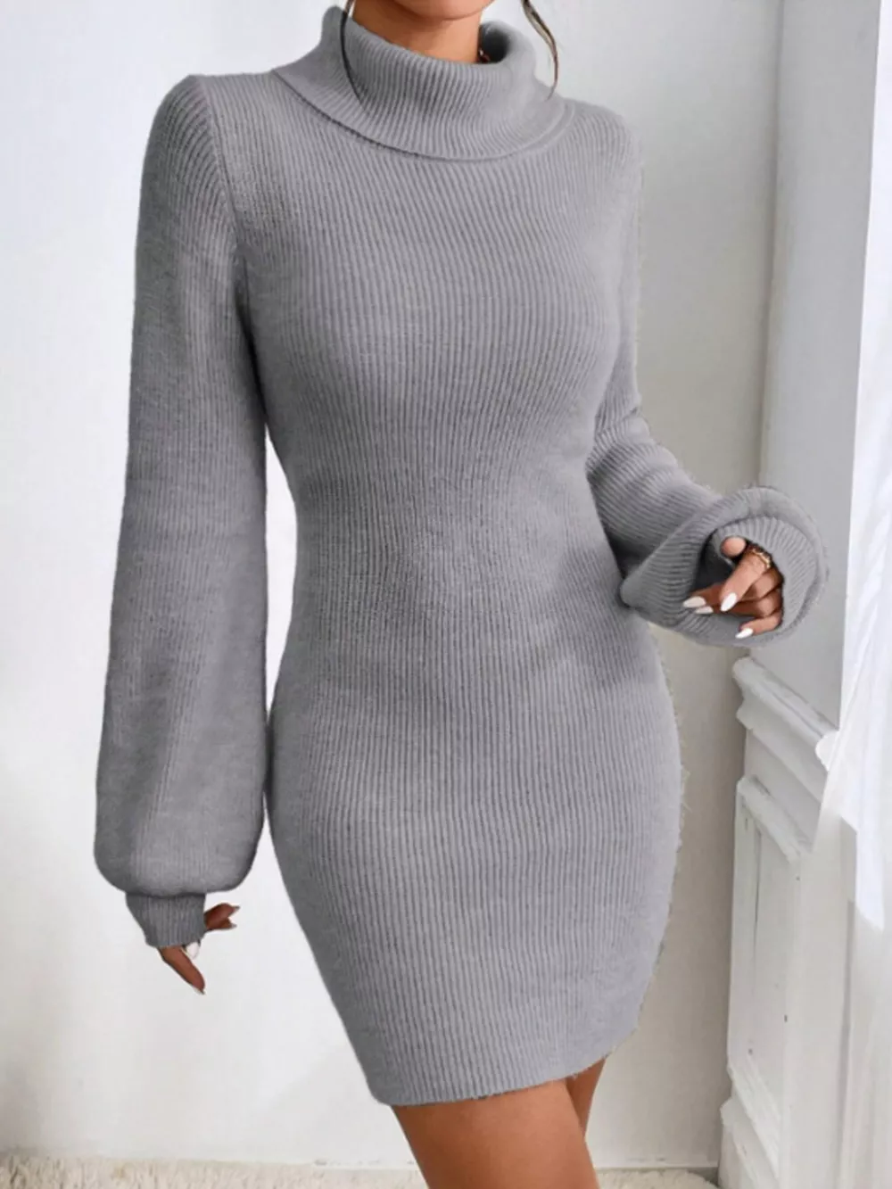 Turtleneck Ribbed Knit Sweater Dress, image 9