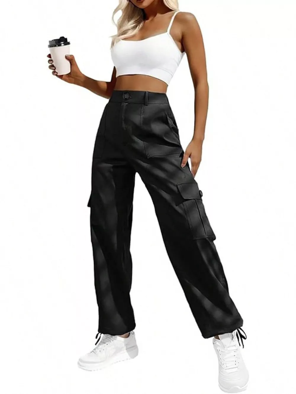 High-Waisted Cargo Pants with Drawstring Cuffs, image 3