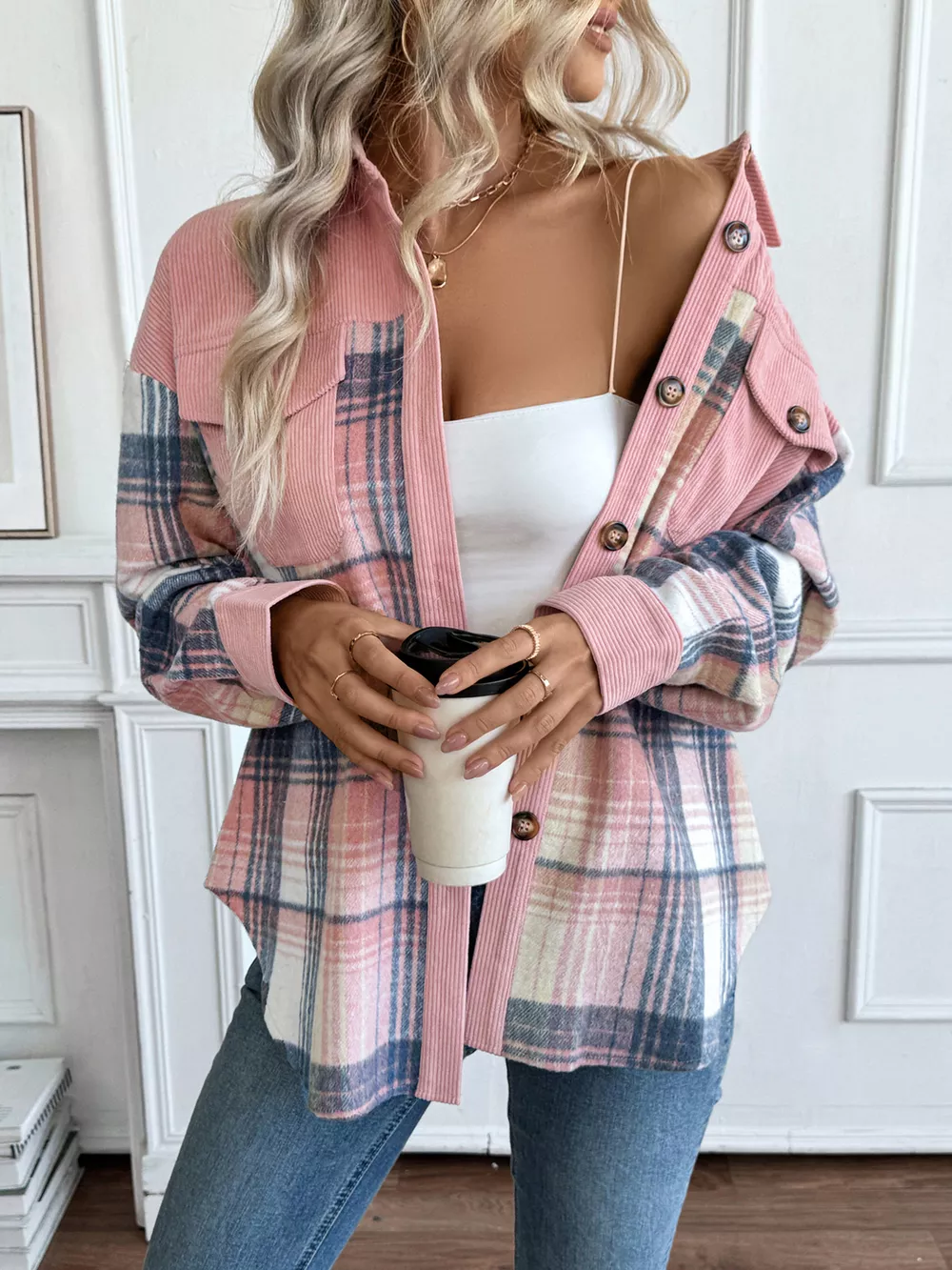 Plaid Button-Up Shacket with Chest Pockets, image 6