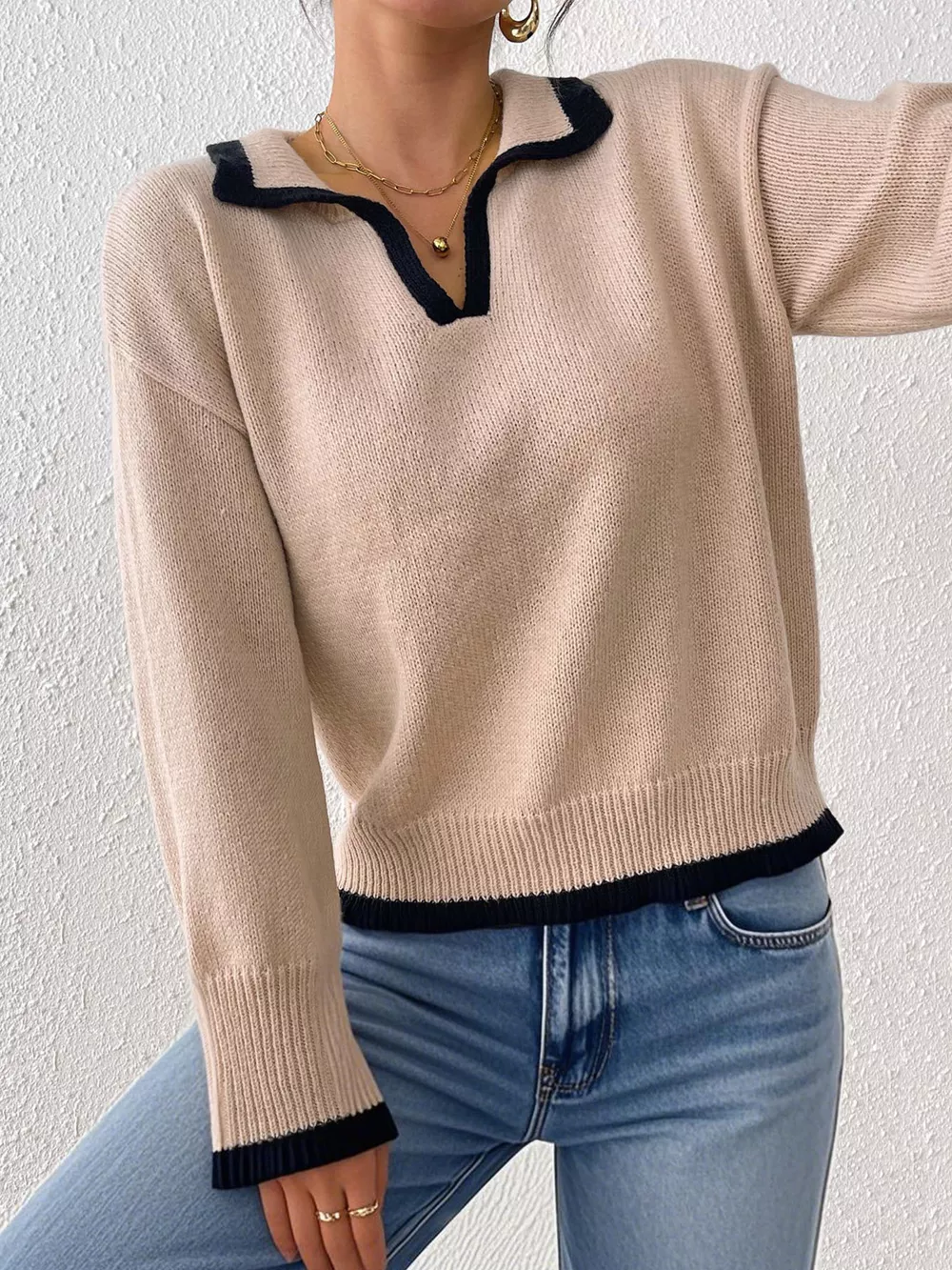 Contrast Trim Polo Collar Sweater, image 8