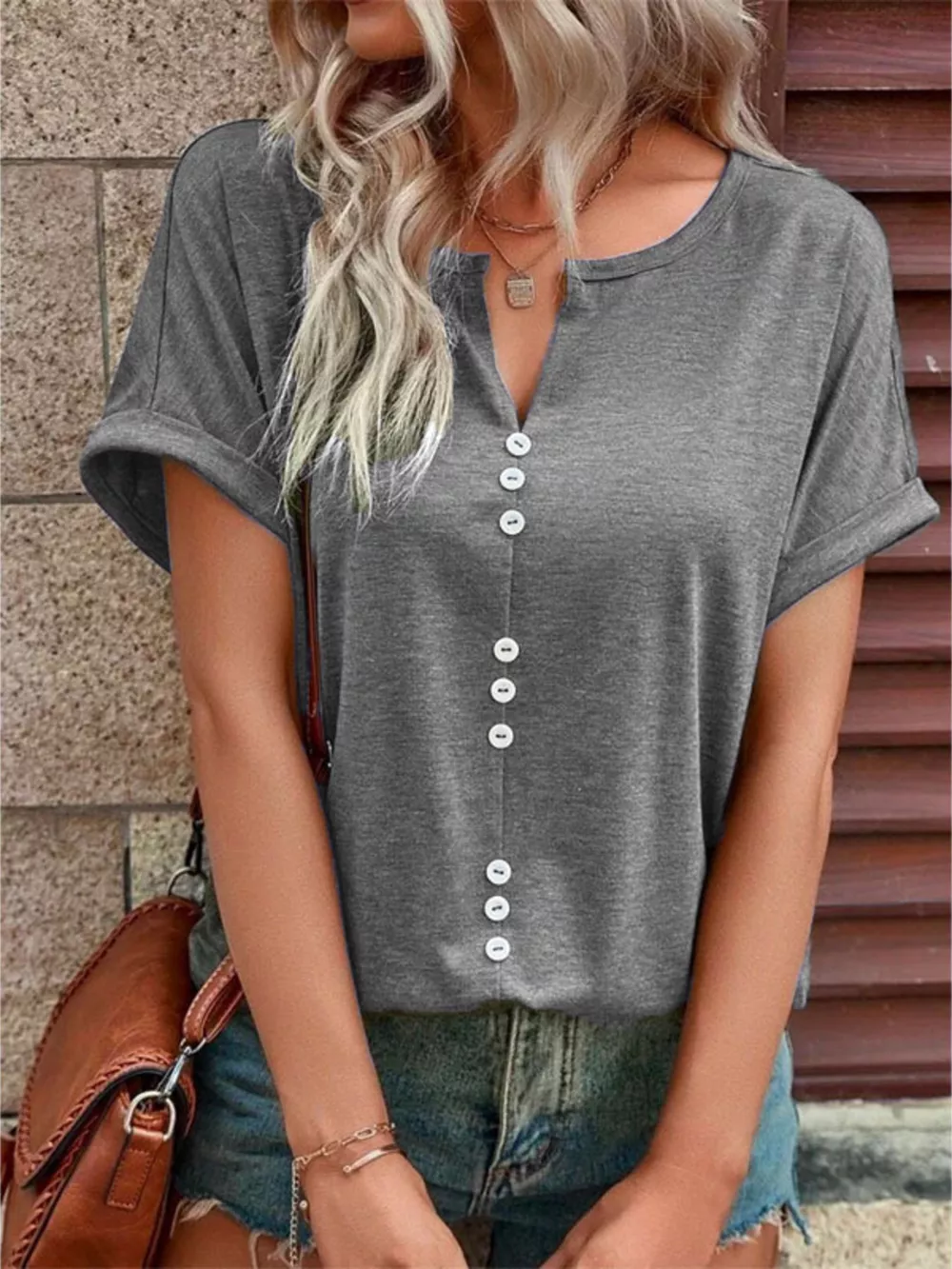 Full Size Decor Button Short Sleeve T-Shirt Plus Size, image 9