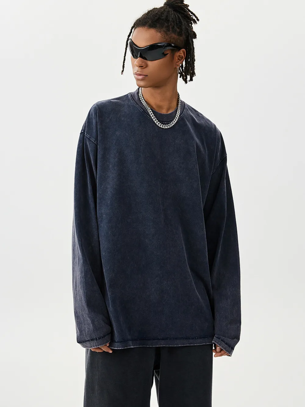 Men's Washed Round Neck Long Sleeve T-Shirt, image 2