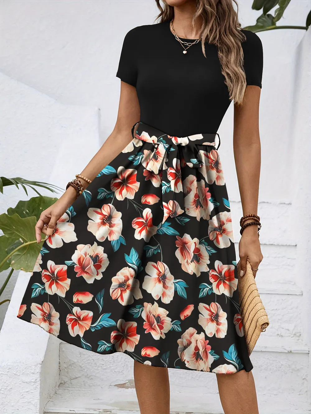 Floral Print Short Sleeve A-Line Dress, image 2