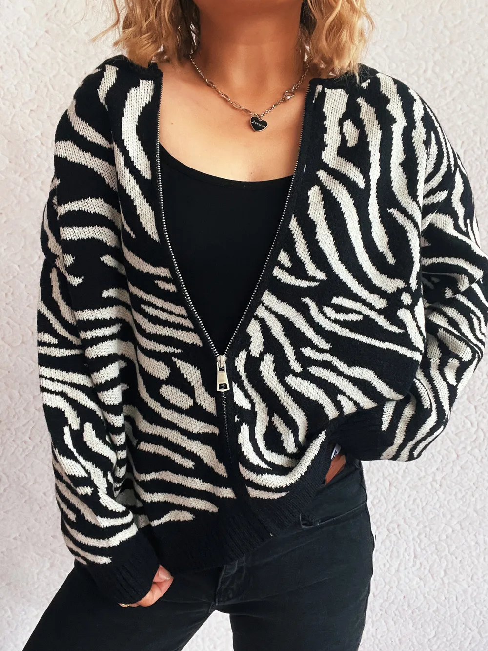 Zebra Print Zip Up Cardigan, image 2