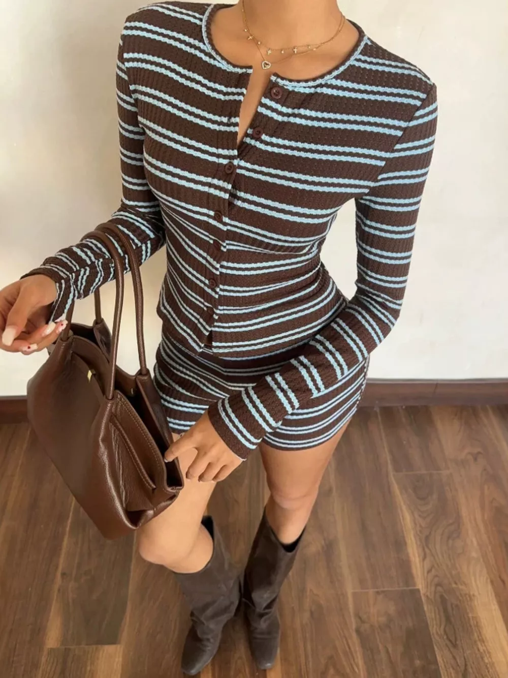 Striped Button-Down Cardigan and Shorts Set, image 4
