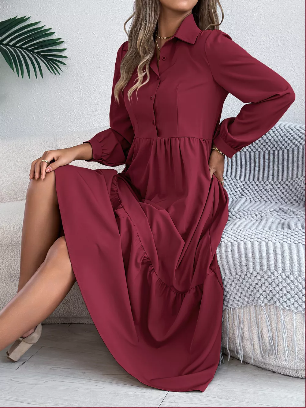 Long Sleeve Tiered Button Front Midi Dress, image 4