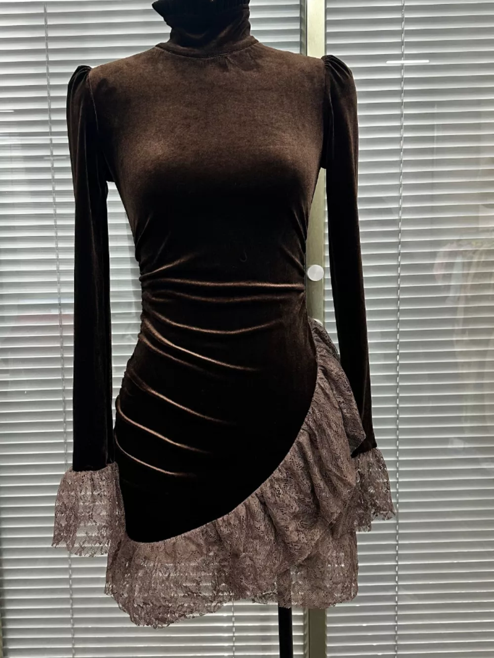Velvet Mock Neck Mini Dress with Lace Ruffle Trim, image 2