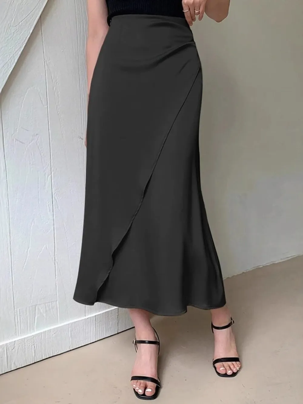 Asymmetric Wrap Midi Skirt with Fluted Hem, image 4