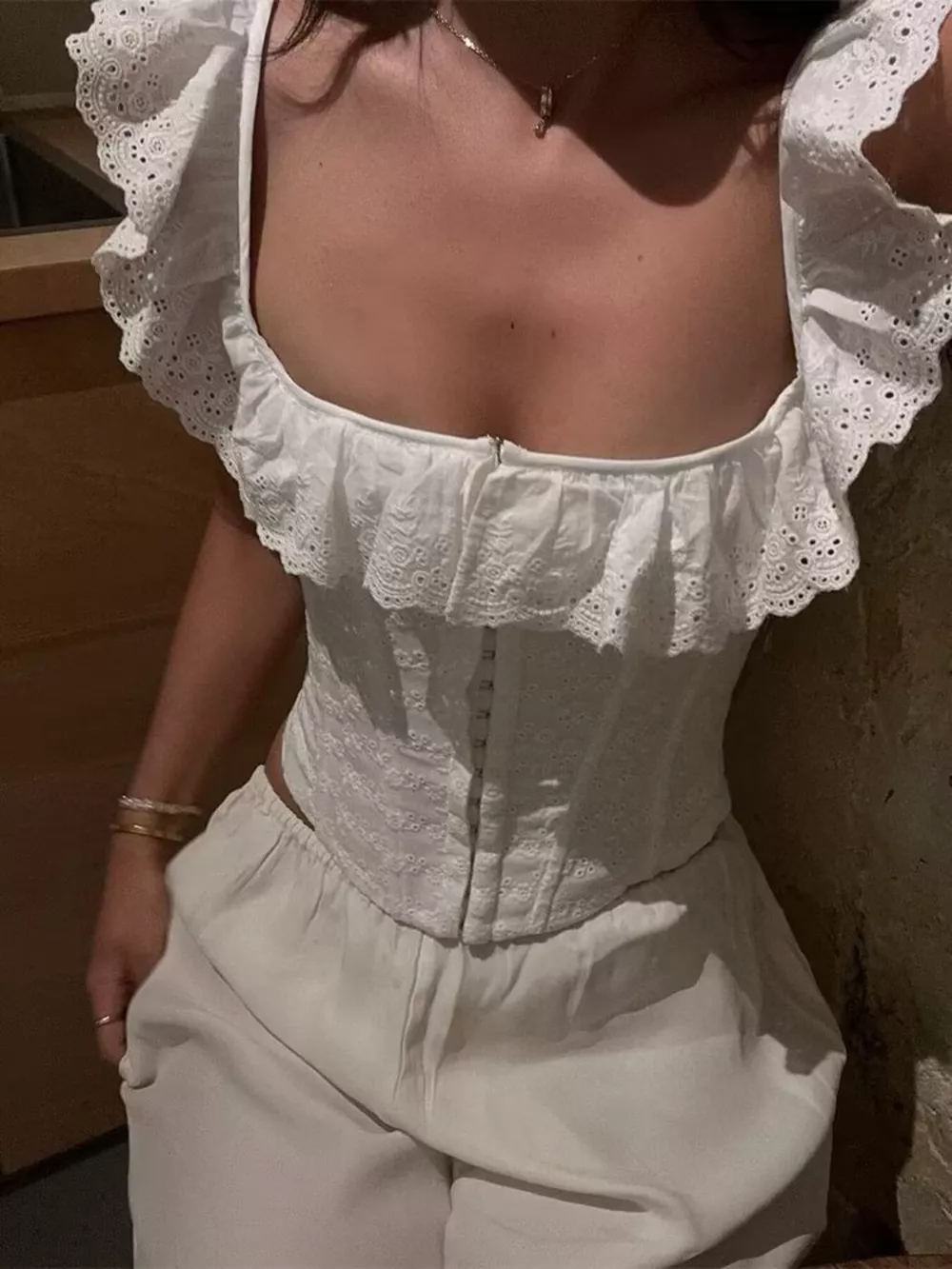Lace Up Back Eyelet Ruffle Trim Tank, image 7