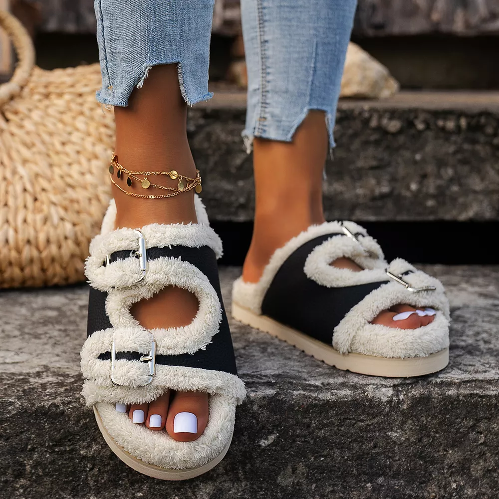 Buckle Decor Plush Lined Platform Slippers, image 6