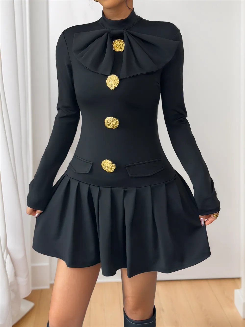 Decorative Button Mock Neck Long Sleeve Mini Dress, image 4