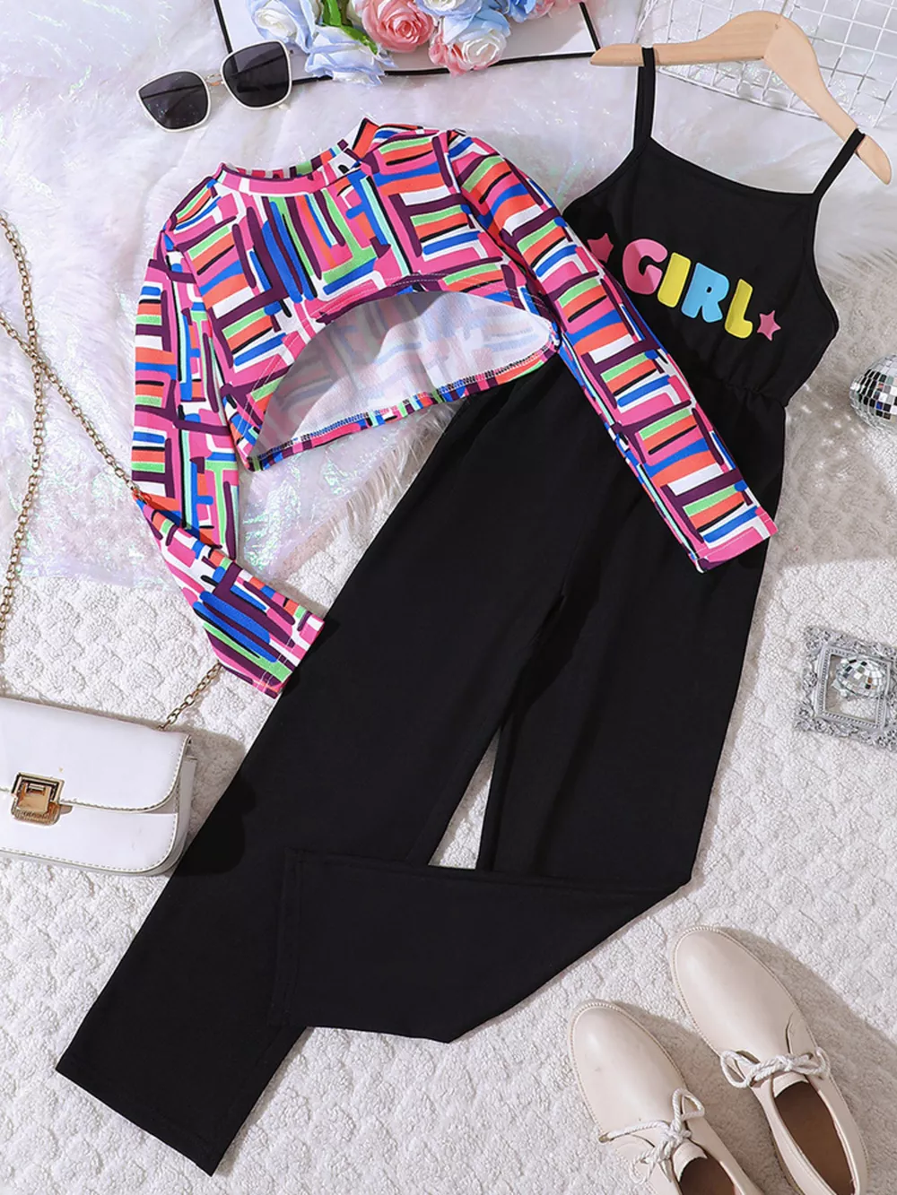 Children's Colorful Geometric Print Top & Jumpsuit Set, image 2