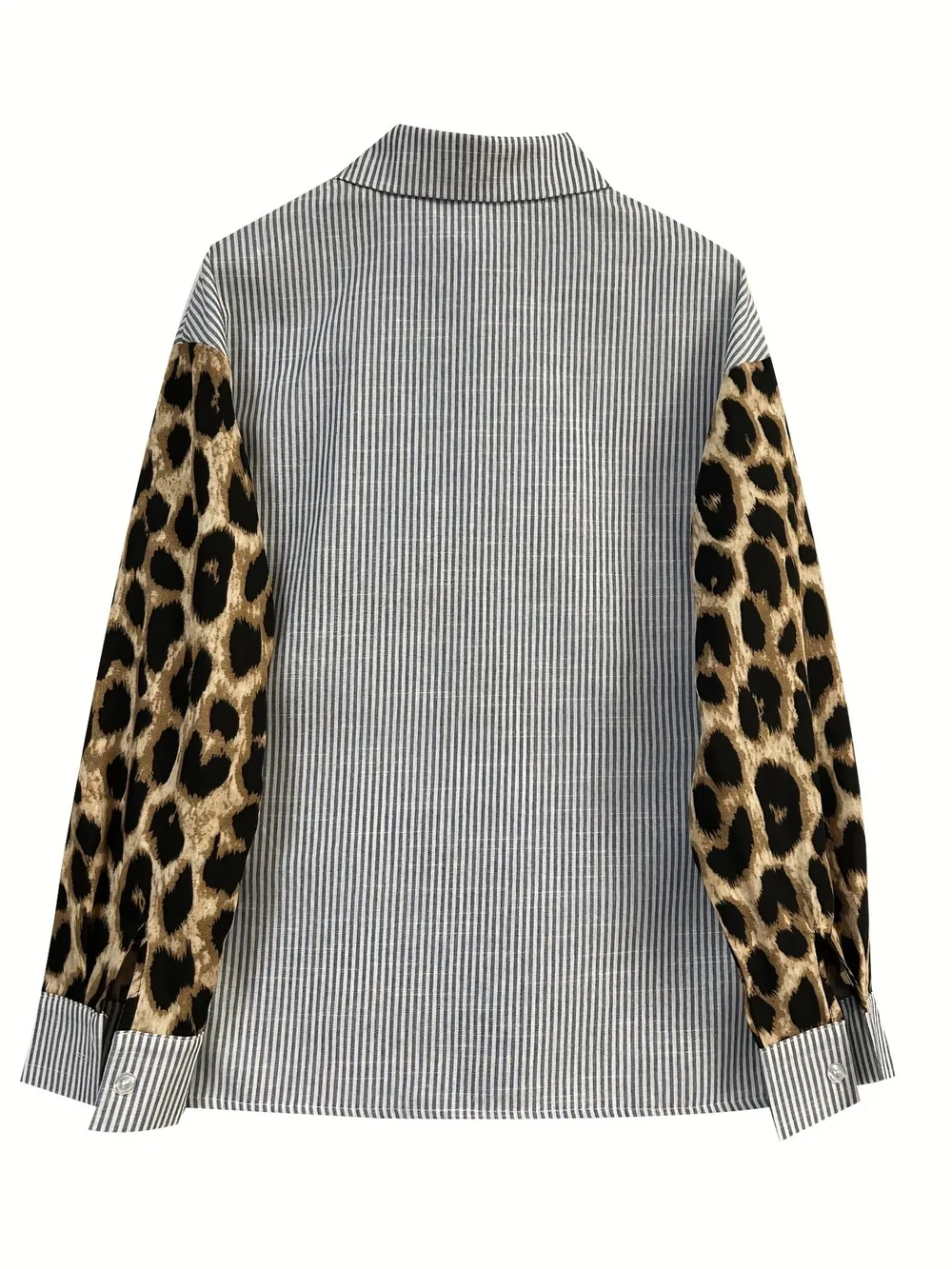 Leopard Print Sleeve Striped Button-Down Shirt, image 6