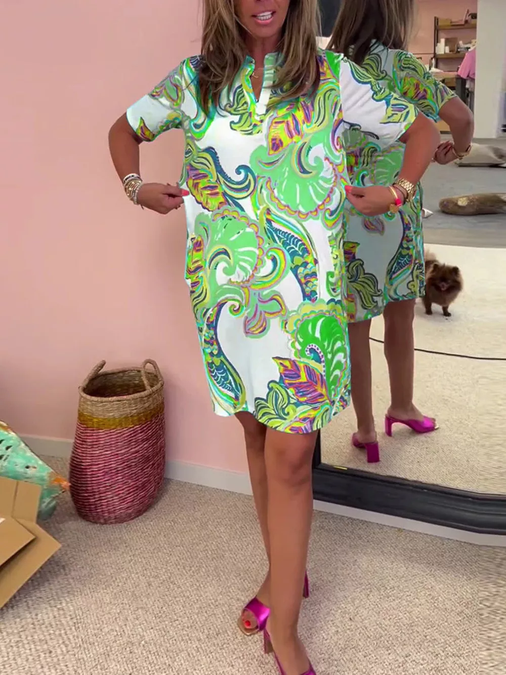 Full Size Vibrant Paisley Print Short Sleeve Shift Dress Plus Size, image 7