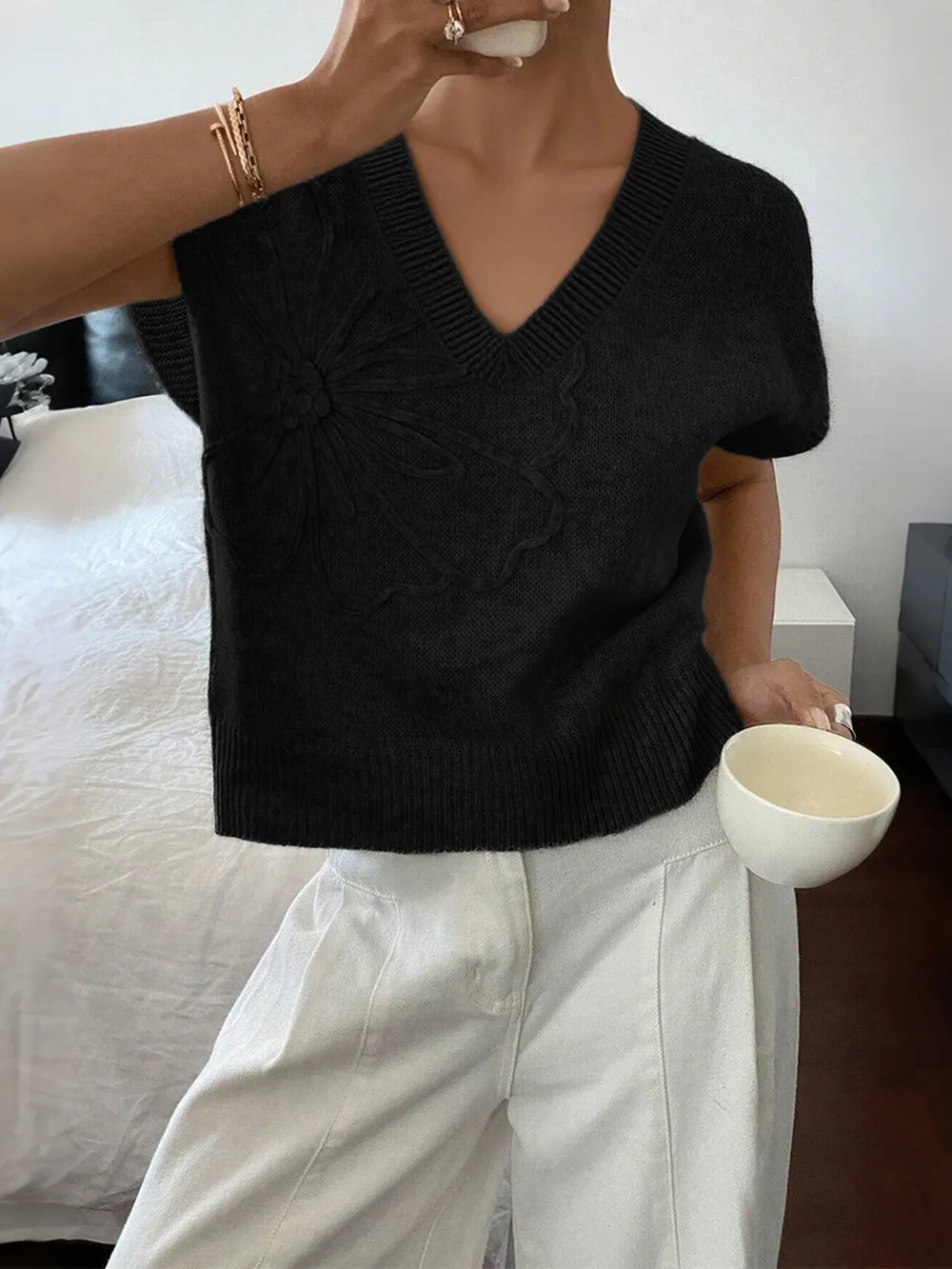 Ribbed Hem V-Neck Short Sleeve Sweater, image 8