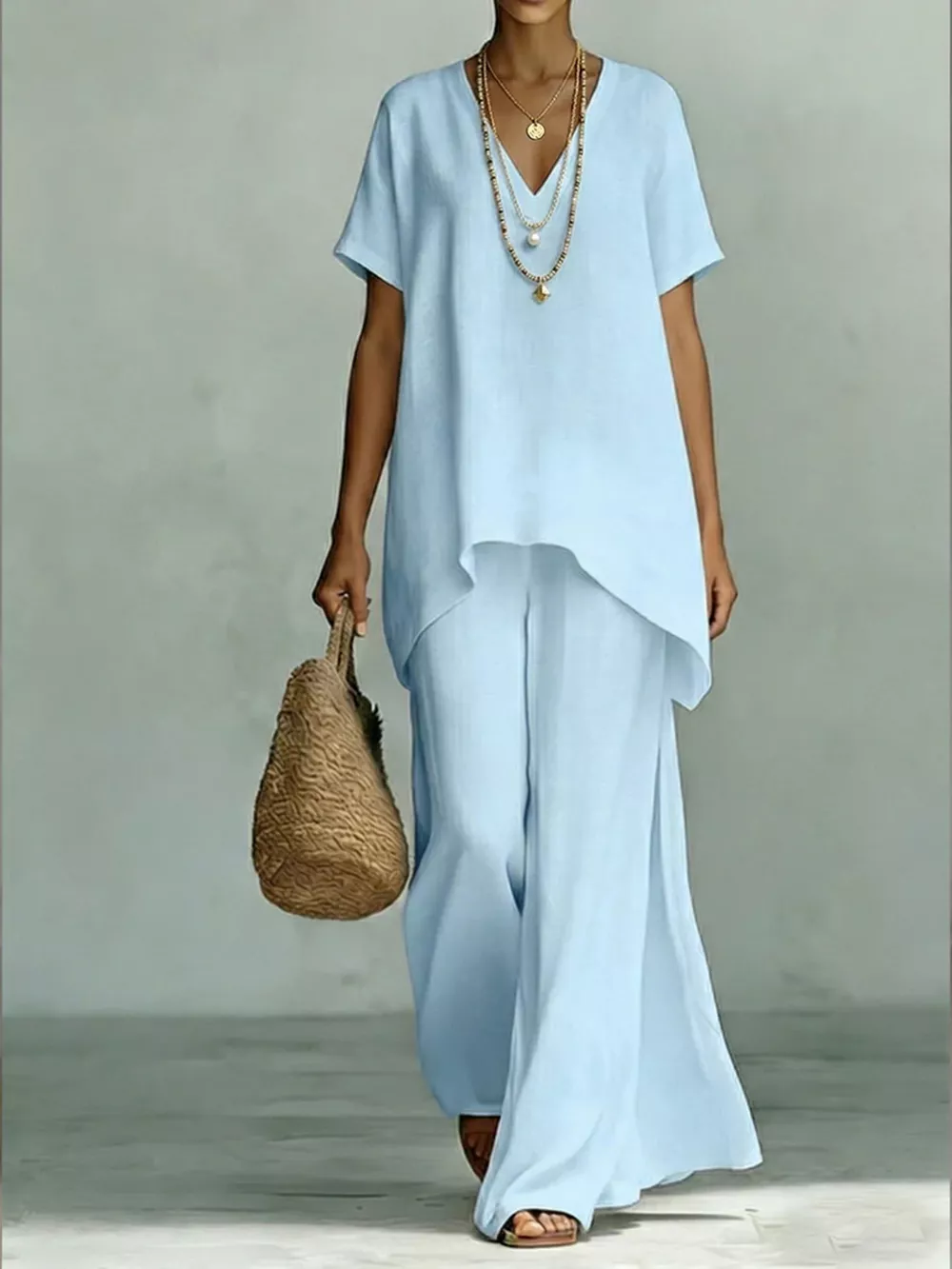 Full Size V-Neck Top and Wide-Leg Pants Set Plus Size, image 7