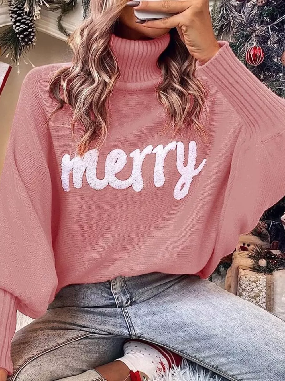 Merry Turtleneck Long Sleeve Christmas Sweater, image 11