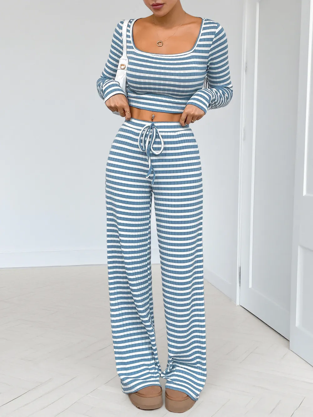 Striped Square Neck Long Sleeve Top and Pants Lounge Set, image 3