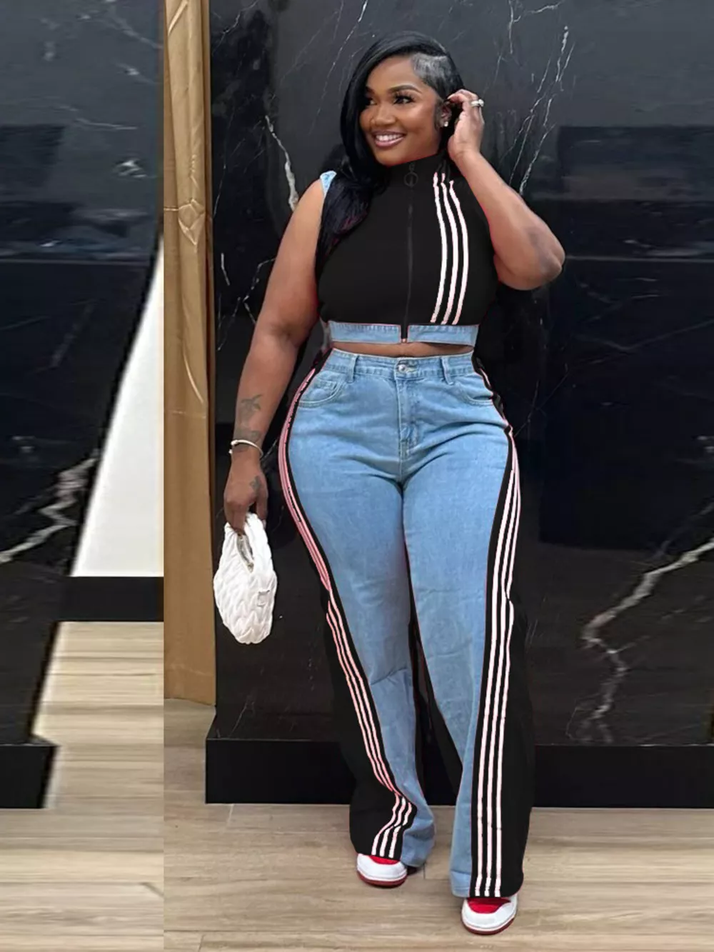 Zip Front Crop Top and Striped Pants Set, image 15