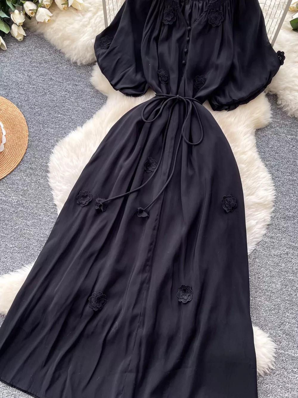 Floral Decor Tie Waist Puff Sleeve Dress, image 10
