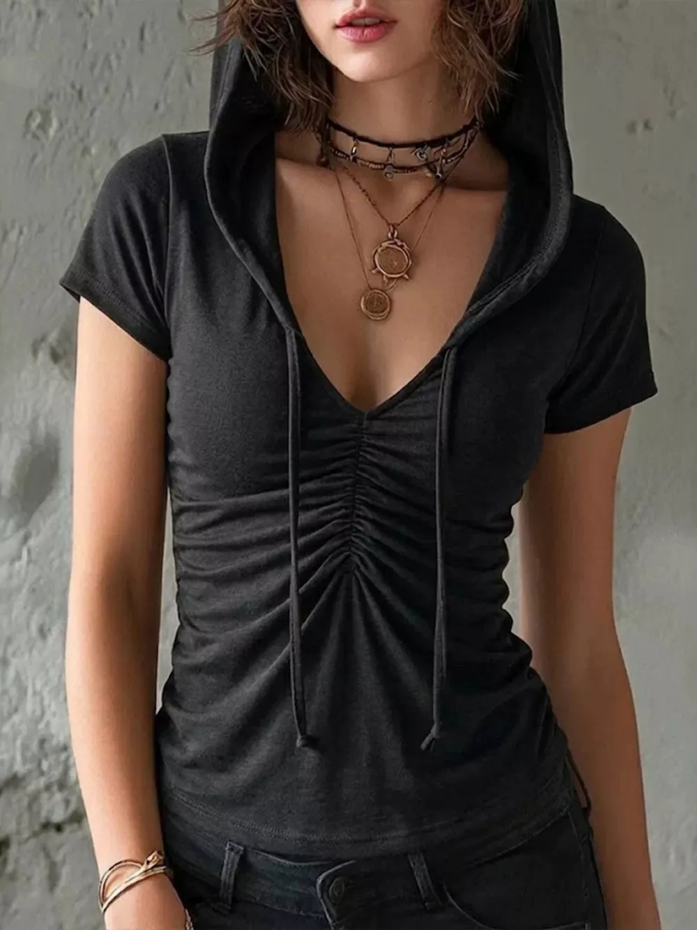 Ruched Short Sleeve Hooded T-Shirt