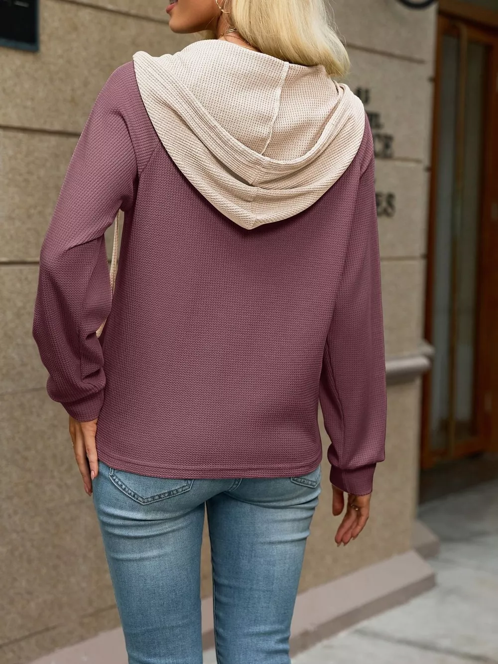 Waffle Knit Henley Hoodie with Contrast Trim, image 17