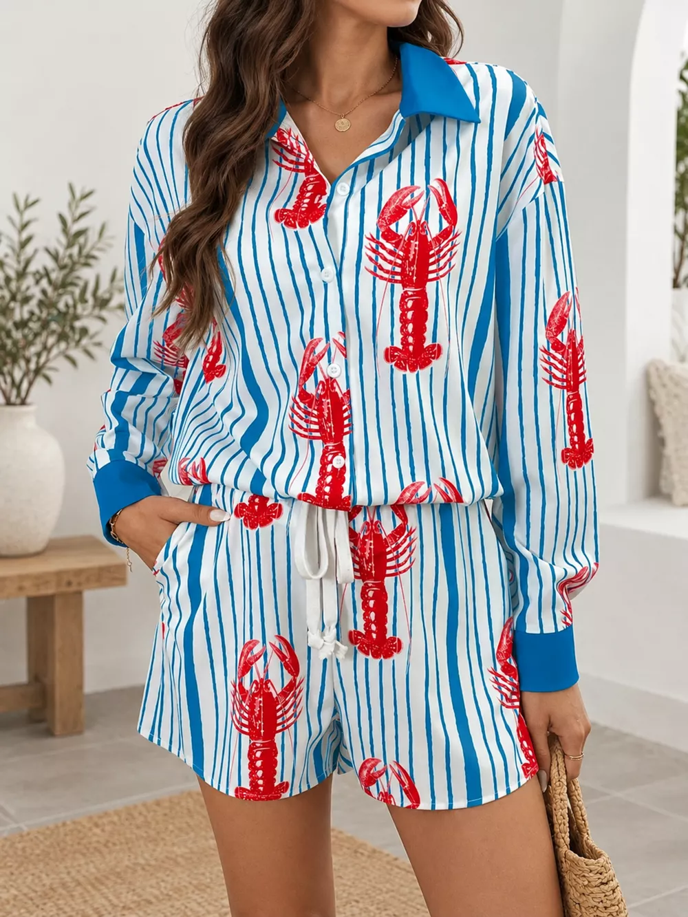 Lobster Print Striped Button-Down Shirt and Shorts Set