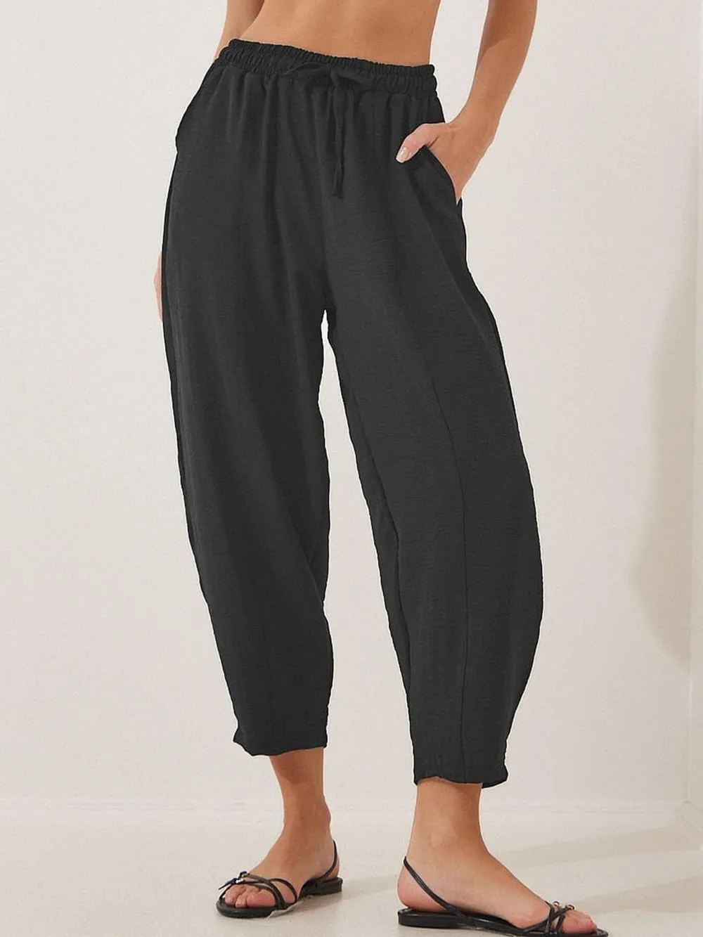 Full Size Drawstring Wide Leg Cropped Pants Plus Size, image 5