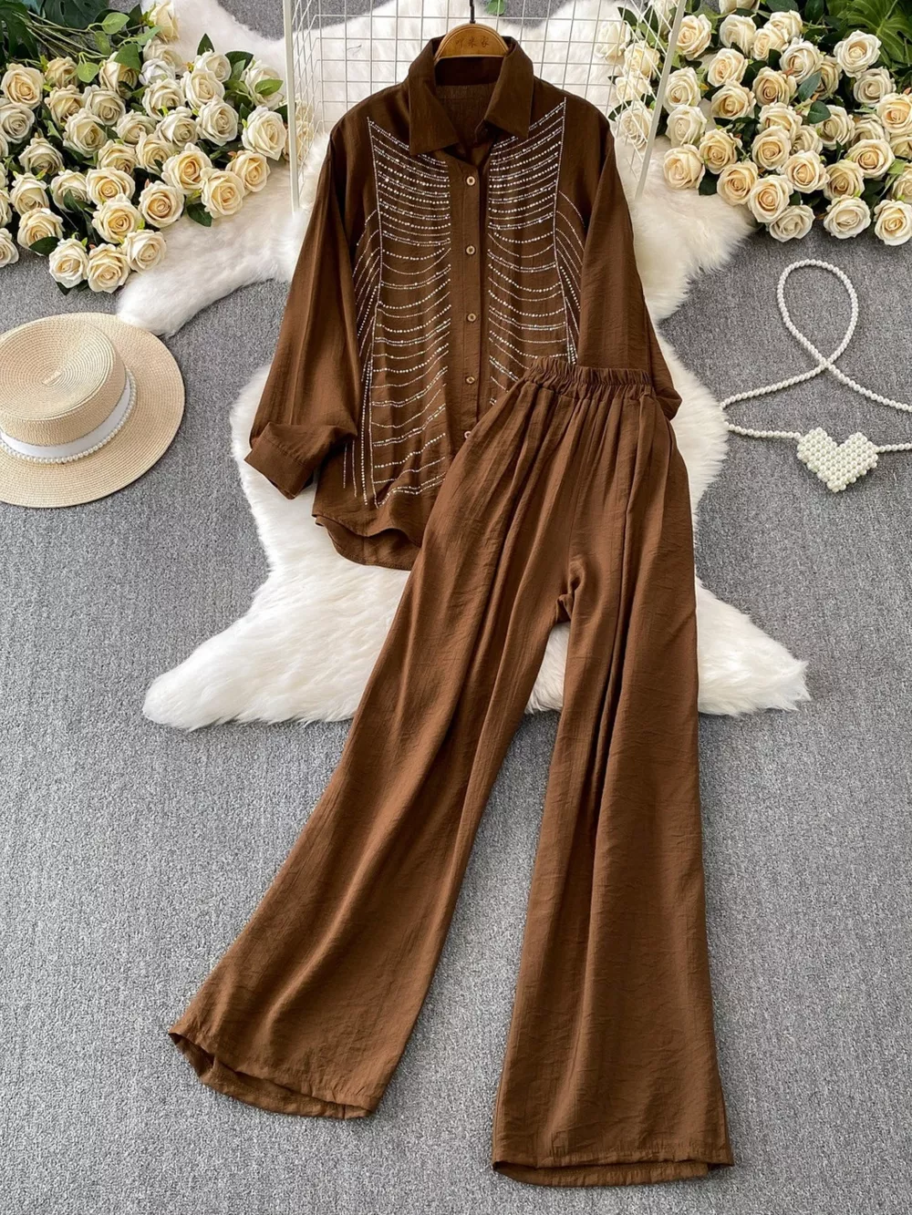 Rhinestone Button Up Shirt and Pants Set, image 3