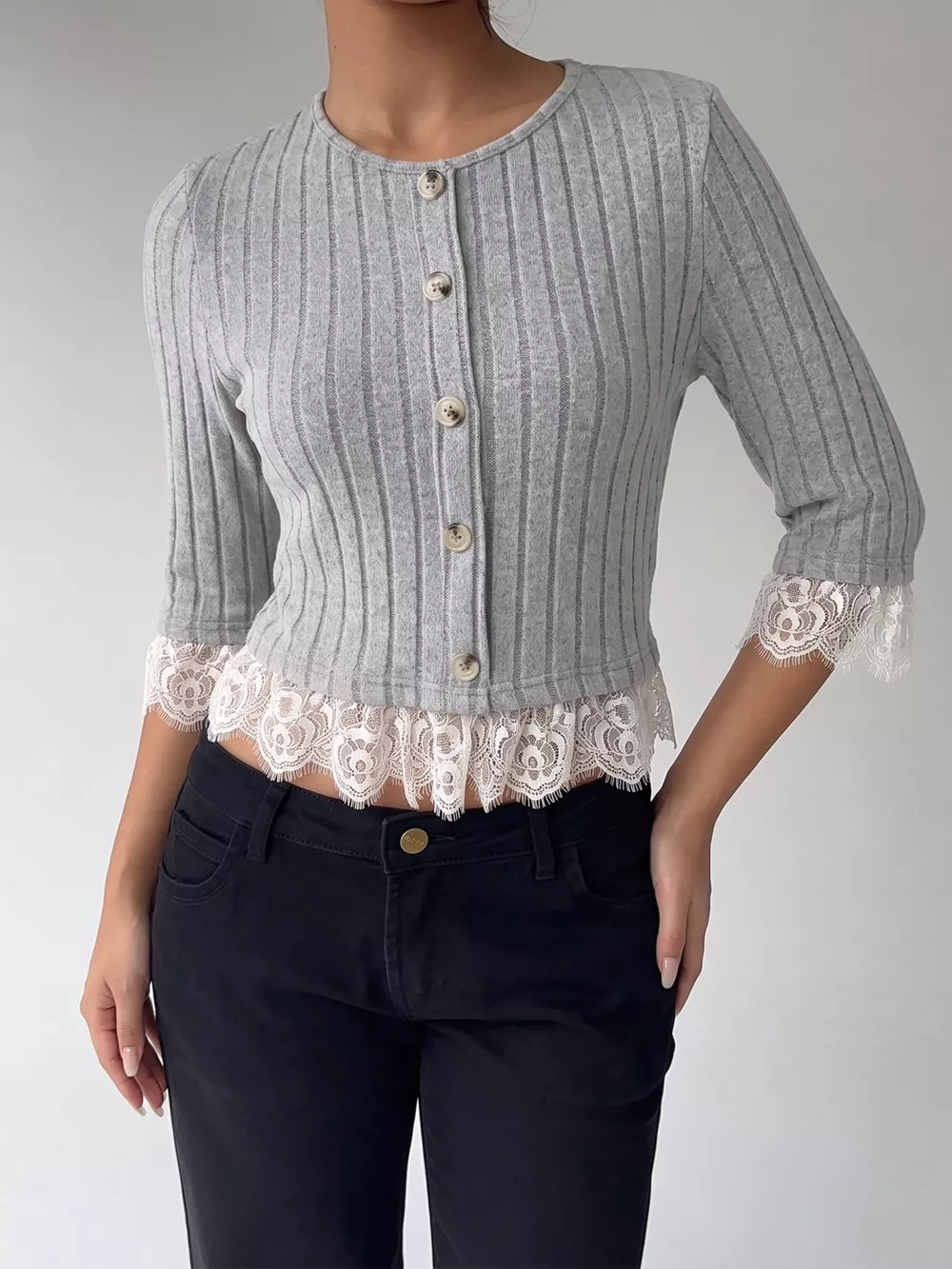 Lace Hem Ribbed Knit Button-Down Top, image 3