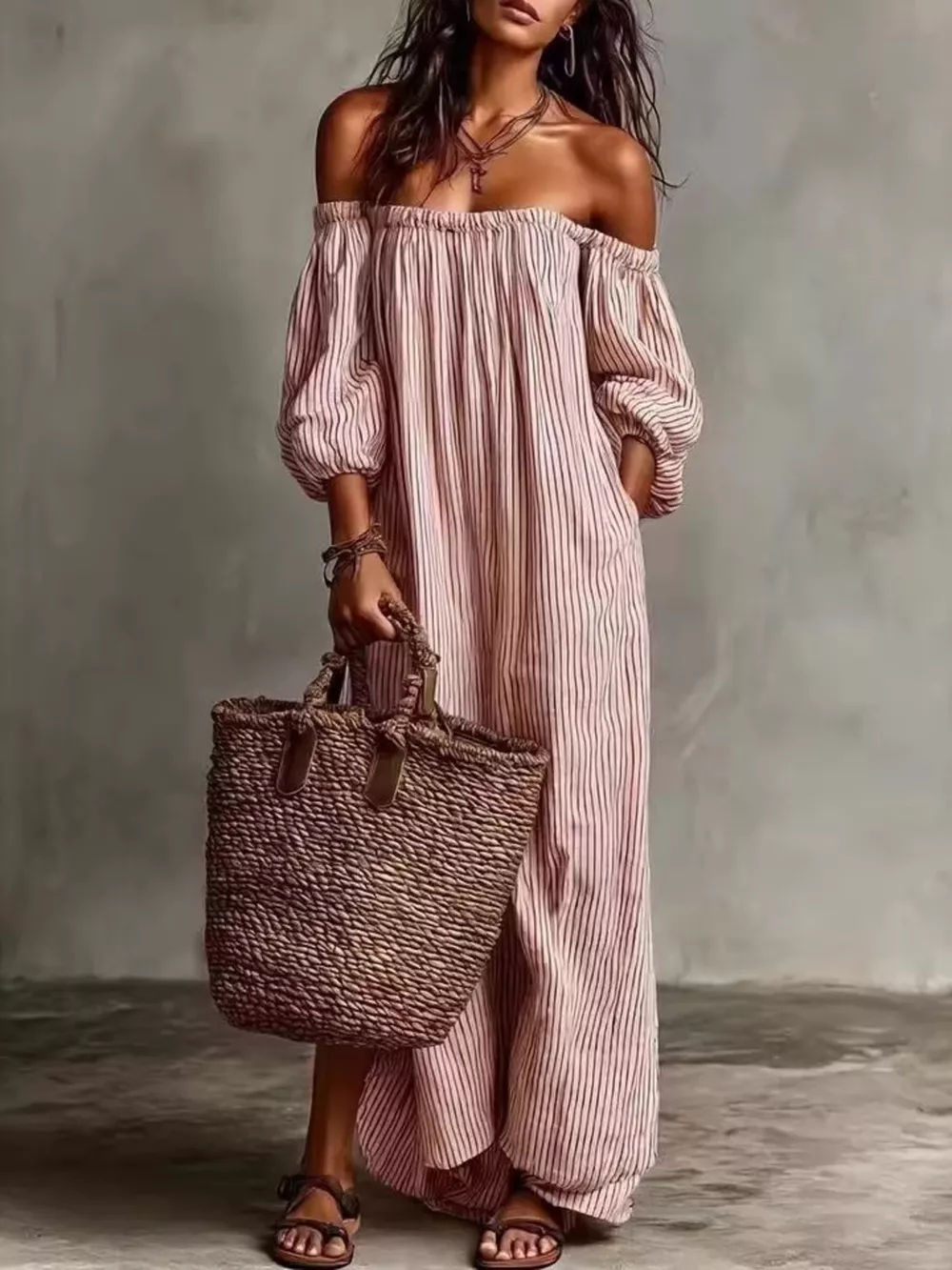 Full Size Off-Shoulder Striped Maxi Dress with Puff Sleeves Plus Size, image 5