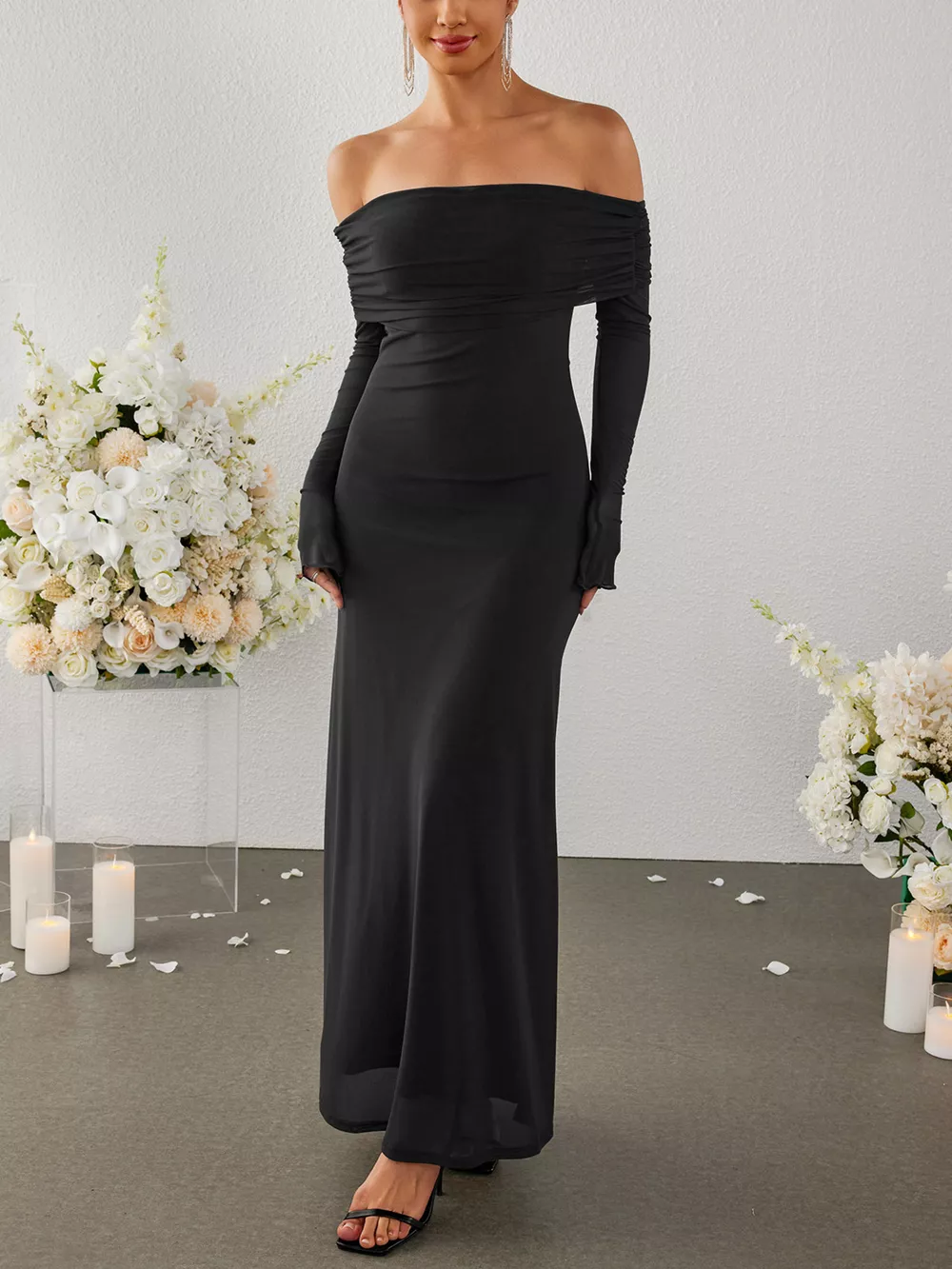 Off-Shoulder Ruched Long Sleeve Maxi Dress, image 17