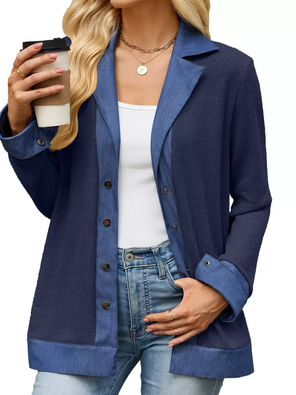 Contrast Denim Lapel Collar Outerwear, image 8