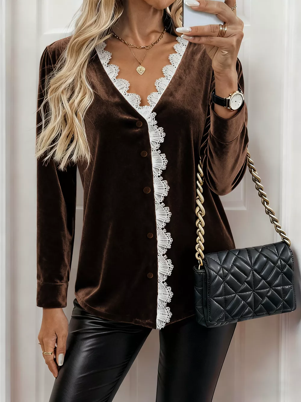 Lace Trim V-Neck Velvet Blouse, image 3