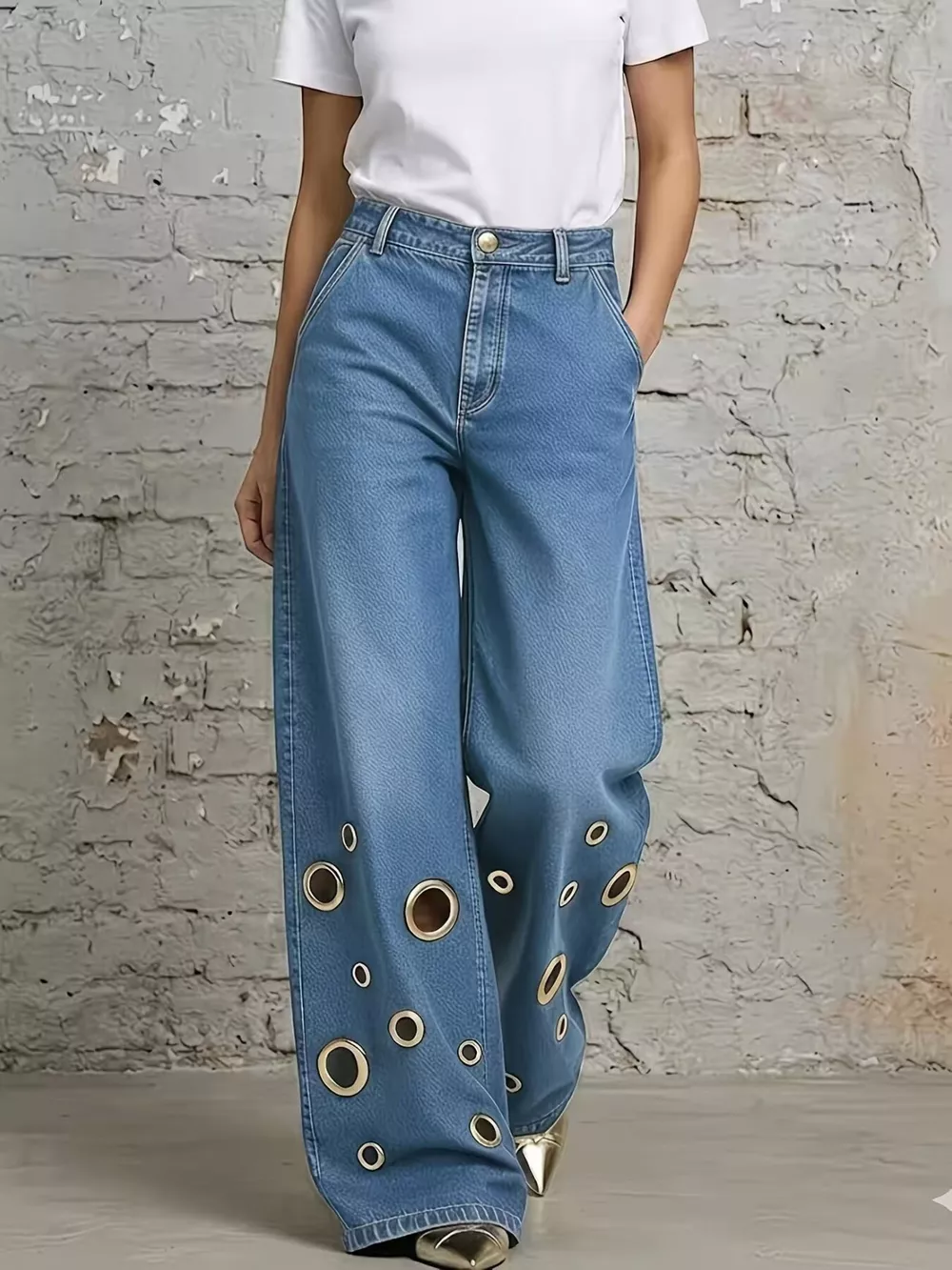 Wide Leg Jeans with Eyelet Details, image 4
