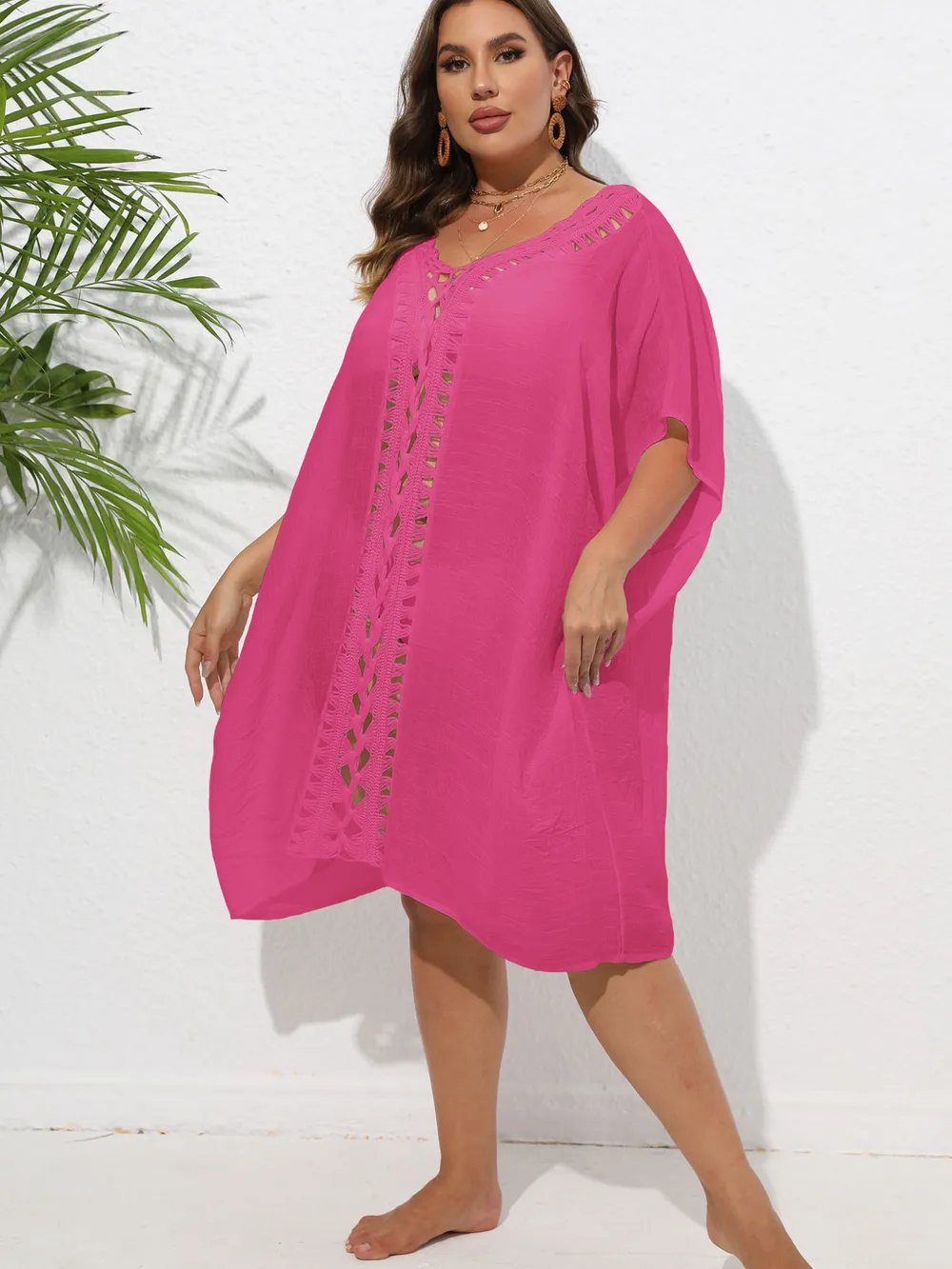 Crochet Trim V-Neck Beach Cover Up Dress, image 40