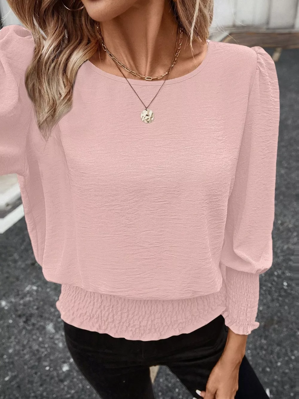 Smocked Waist Round Neck Blouse, image 3