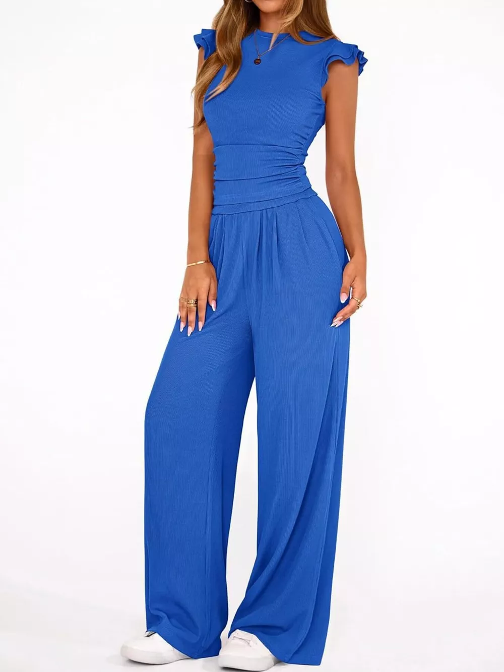 Ruffled Mock Neck Top and Wide Leg Pants Set, image 15