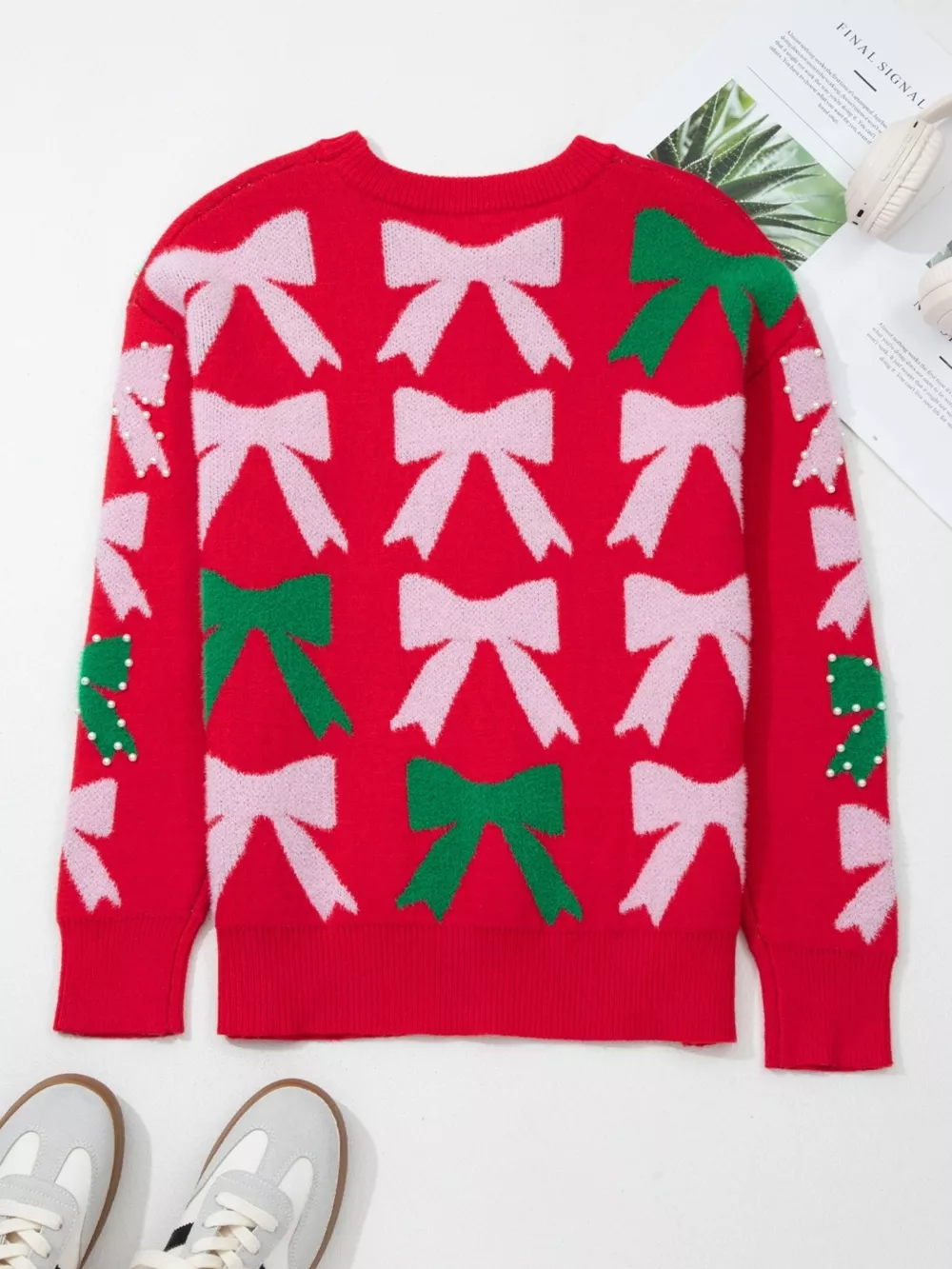 Bow Pearl Embellished Christmas Holiday Sweater, image 4